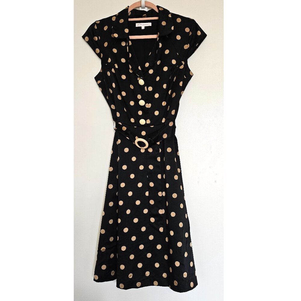 Betsey Johnson 100% Silk Polka Dot A-Line Retro Pinup Dress, US8, Black & Beige